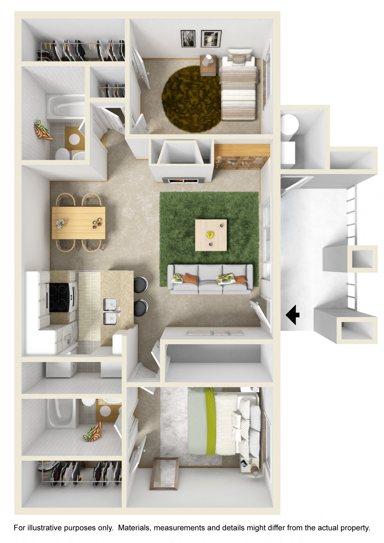 Floor plan for 2 beds, 2 baths, 975 sqft